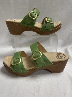 Dansko Sophie Green Leather Double Strap Slide Wedge Sandals Women's Size 38